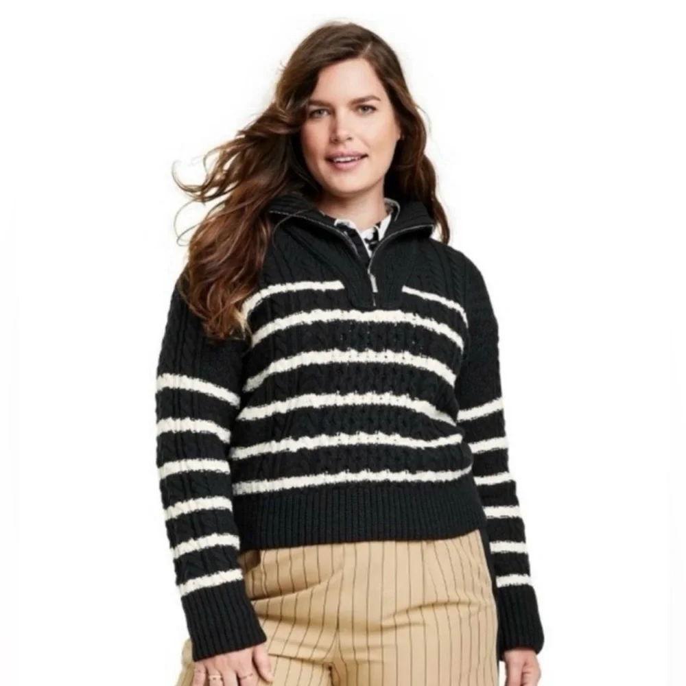 La Ligne x Target Black/White Striped Cotton Blend Shawl Zip Sweater Large NWT